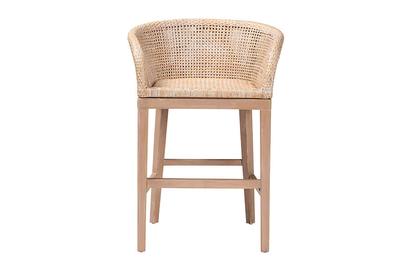 Jerilyn Antique White Washed Rattan and Mahogany Wood Counter Stool Baxton