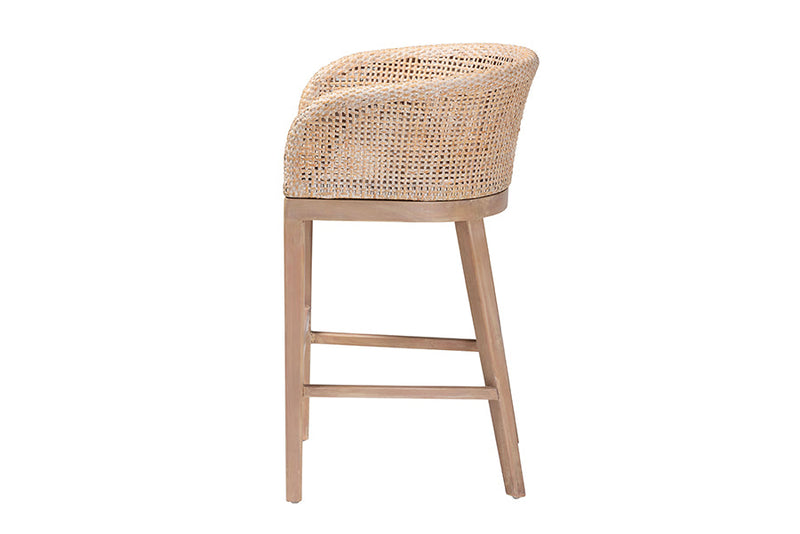 Jerilyn Antique White Washed Rattan and Mahogany Wood Counter Stool Baxton