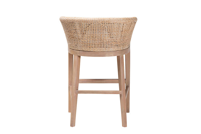 Jerilyn Antique White Washed Rattan and Mahogany Wood Counter Stool Baxton