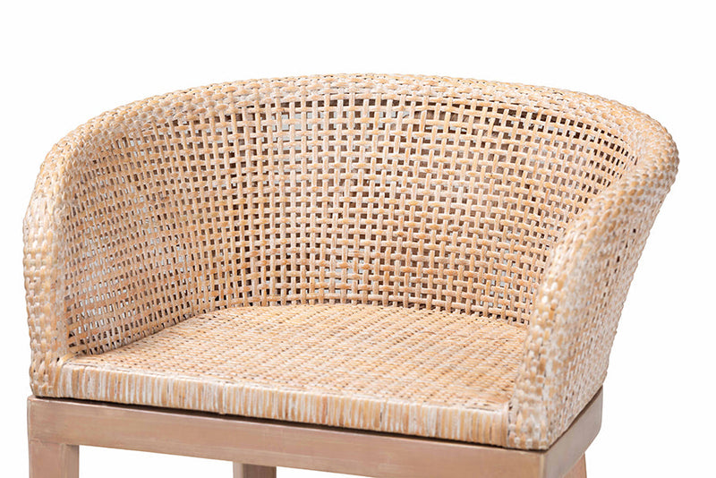 Jerilyn Antique White Washed Rattan and Mahogany Wood Counter Stool Baxton