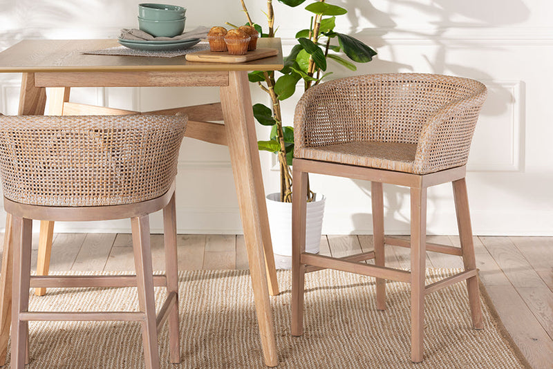 Jerilyn Antique White Washed Rattan and Mahogany Wood Counter Stool Baxton