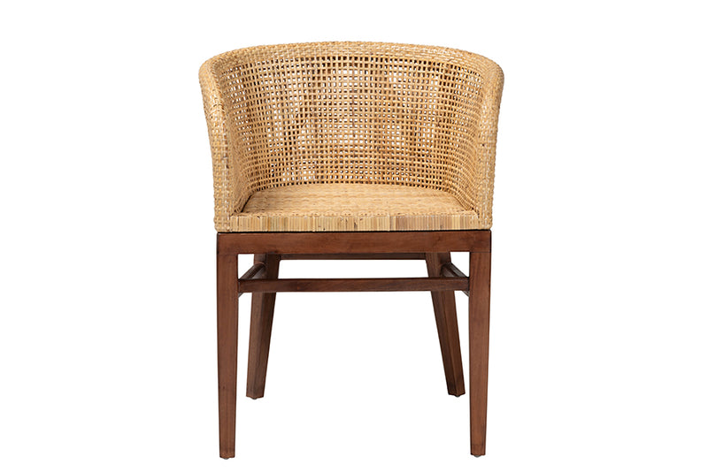 Jerilyn Modern Bohemian Natural Rattan and Walnut Brown Acacia Wood Dining Chair