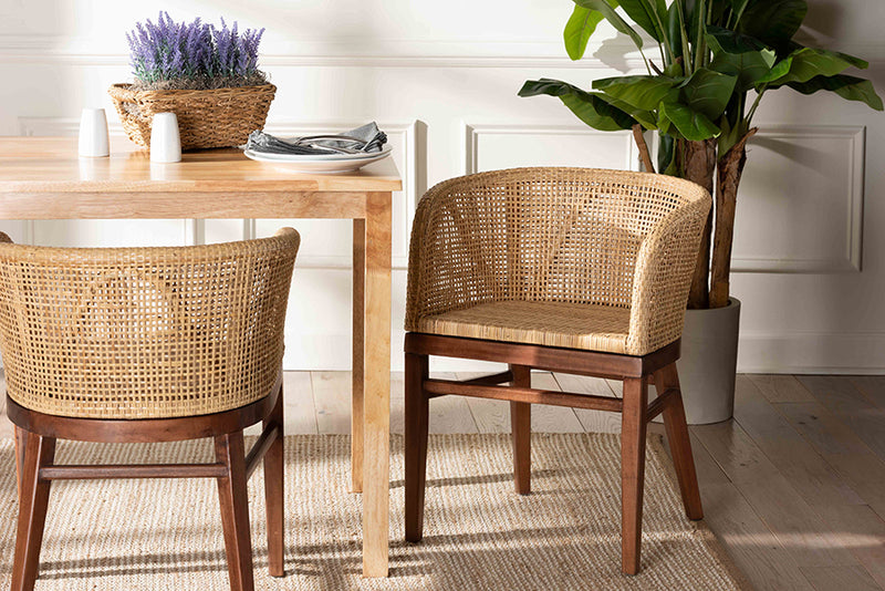 Jerilyn Modern Bohemian Natural Rattan and Walnut Brown Acacia Wood Dining Chair