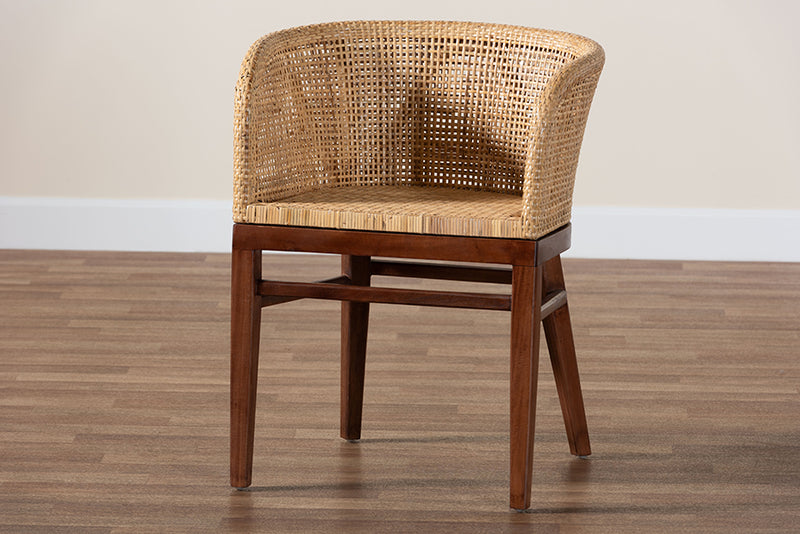 Jerilyn Modern Bohemian Natural Rattan and Walnut Brown Acacia Wood Dining Chair