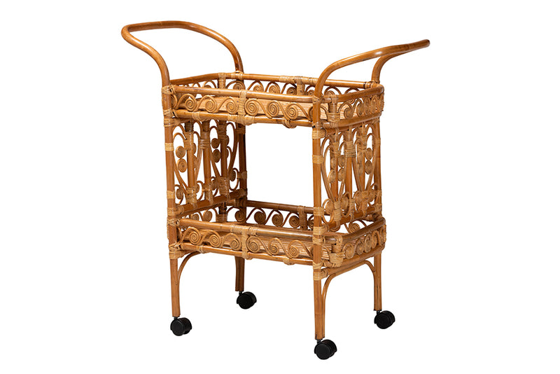 Eviana Modern Bohemian Natural Brown Rattan Kitchen Cart