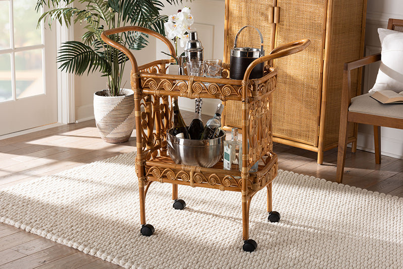 Eviana Modern Bohemian Natural Brown Rattan Kitchen Cart