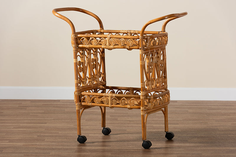 Eviana Modern Bohemian Natural Brown Rattan Kitchen Cart