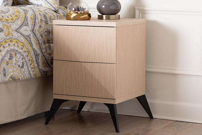 Ana Mid-Century Modern Two-Tone Light Brown and Black Wood 2-Drawer Nightstand