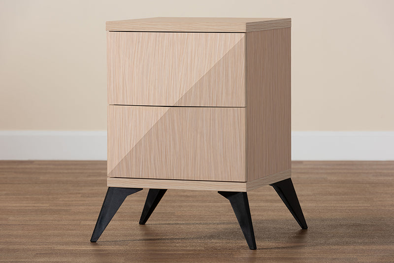 Ana Mid-Century Modern Two-Tone Light Brown and Black Wood 2-Drawer Nightstand