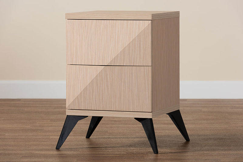 Ana Two-Tone Light Brown and Black Wood 2-Drawer Nightstand Baxton