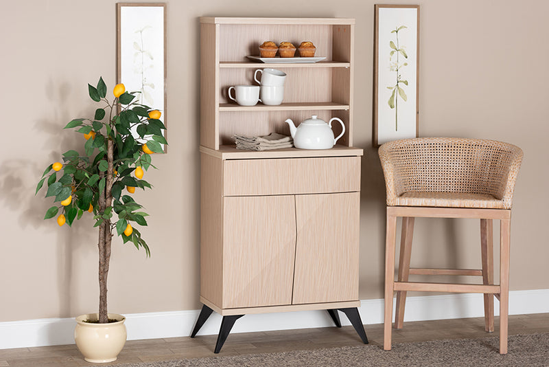 Ana Mid-Century Modern Two-Tone Light Brown and Black Wood Kitchen Cabinet