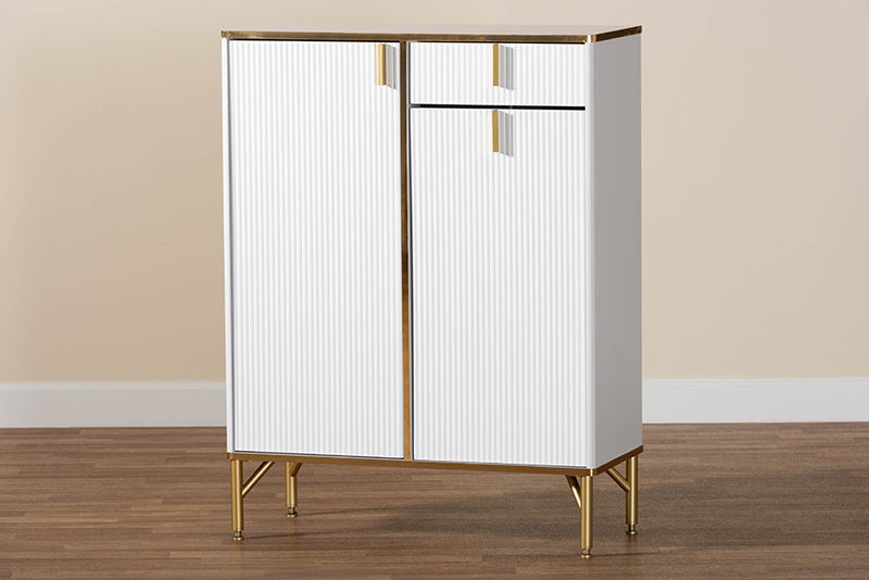 Renaud Modern Glam White Wood and Gold Metal 2-Door Shoe Cabinet