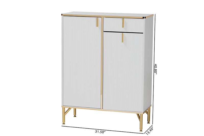 Renaud Modern Glam White Wood and Gold Metal 2-Door Shoe Cabinet