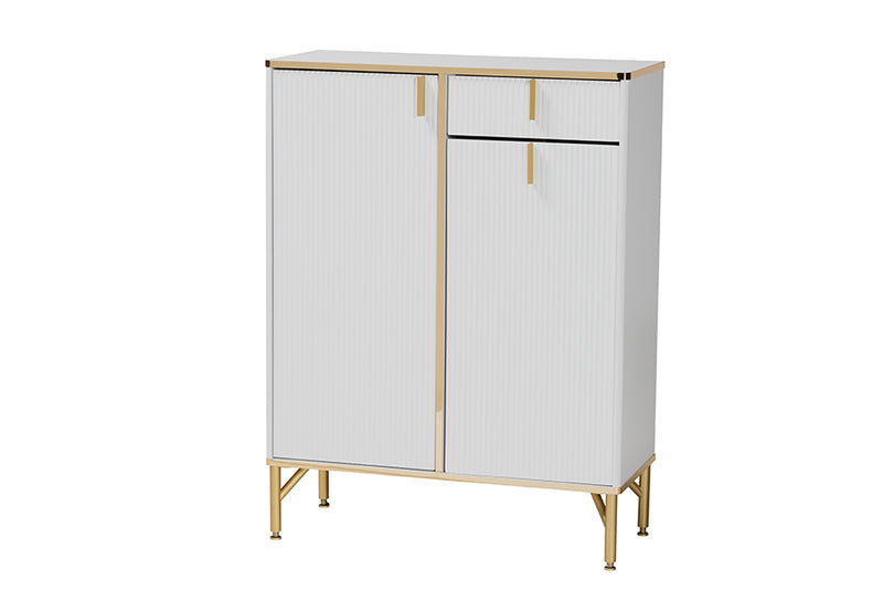 Renaud Modern Glam White Wood and Gold Metal 2-Door Shoe Cabinet