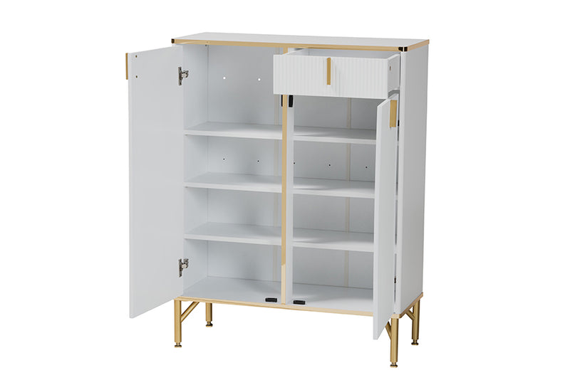 Renaud Modern Glam White Wood and Gold Metal 2-Door Shoe Cabinet