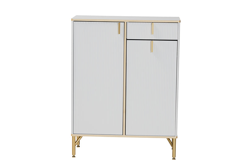 Renaud Modern Glam White Wood and Gold Metal 2-Door Shoe Cabinet