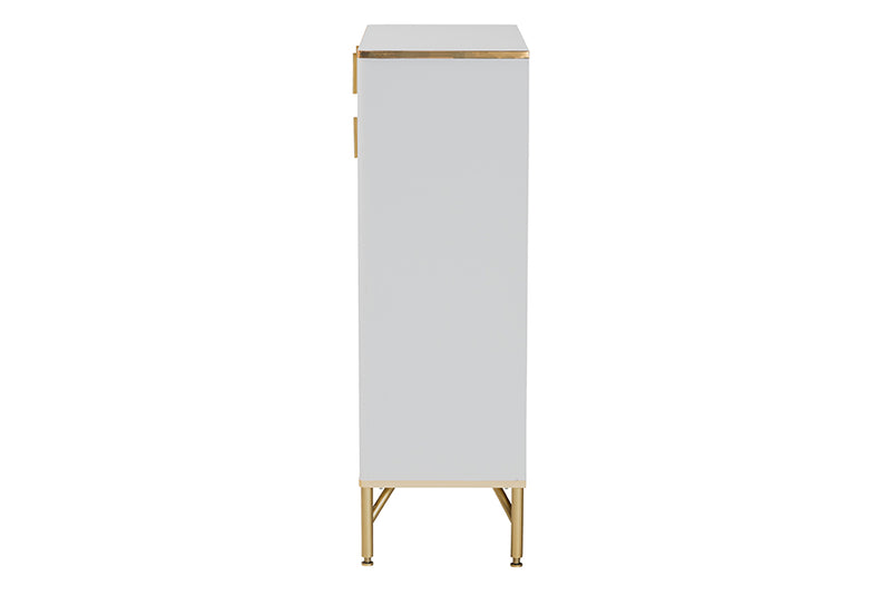 Renaud Modern Glam White Wood and Gold Metal 2-Door Shoe Cabinet