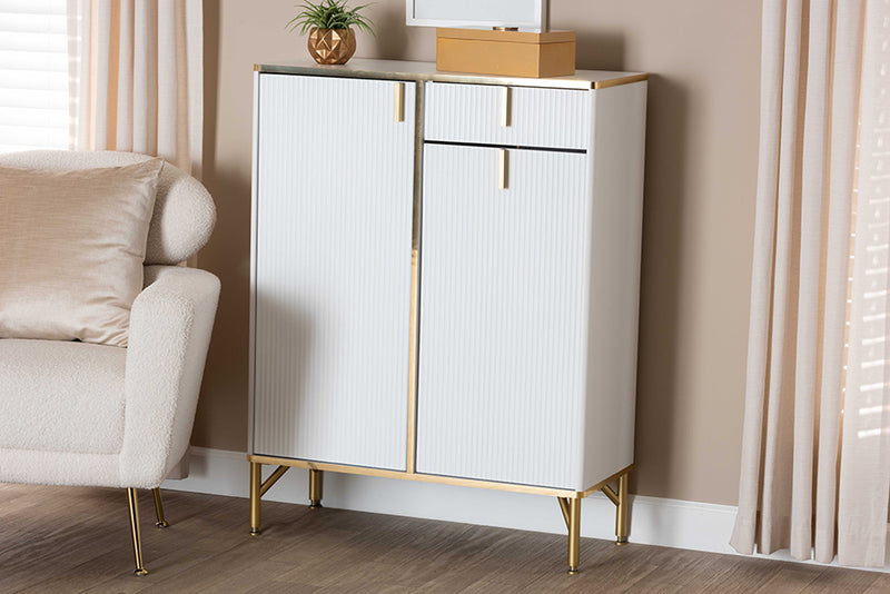 Renaud Modern Glam White Wood and Gold Metal 2-Door Shoe Cabinet