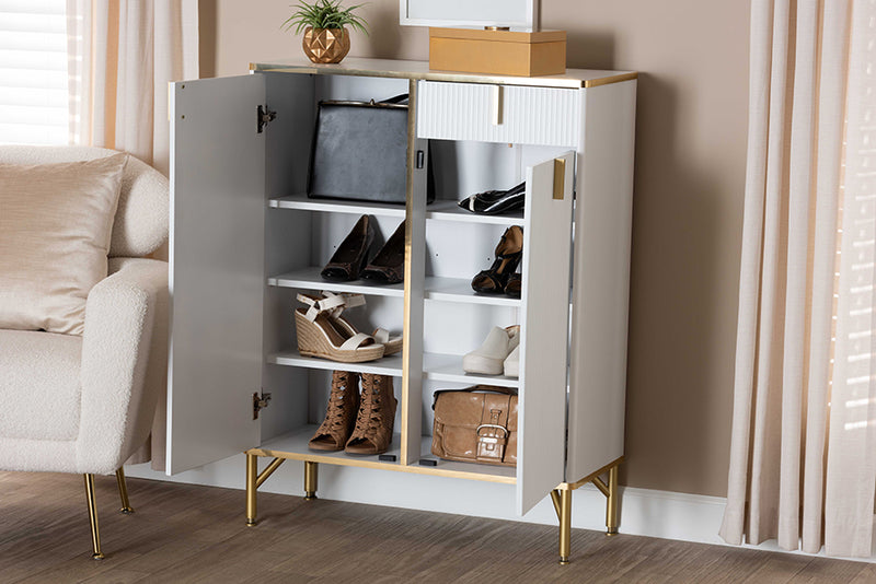 Renaud Modern Glam White Wood and Gold Metal 2-Door Shoe Cabinet