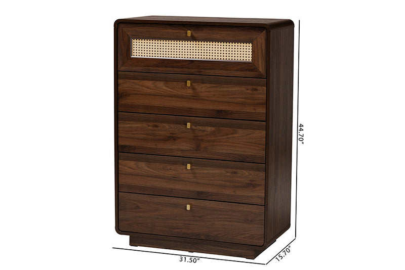 Onika Classic Walnut Brown Wood 5-Drawer Chest w/Rattan Drawer Baxton