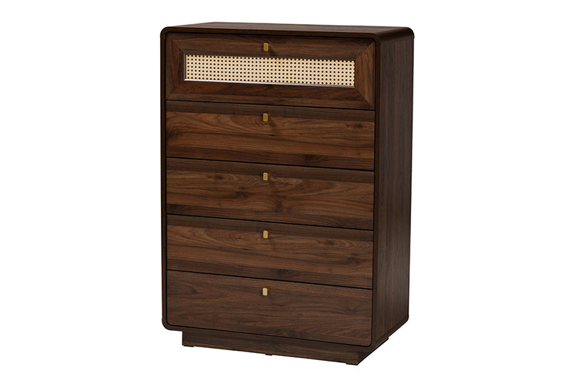 Onika Classic Walnut Brown Wood 5-Drawer Chest w/Rattan Drawer