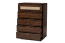 Onika Classic Walnut Brown Wood 5-Drawer Chest w/Rattan Drawer Baxton