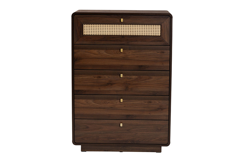 Onika Classic Walnut Brown Wood 5-Drawer Chest w/Rattan Drawer
