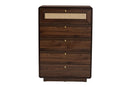 Onika Classic Walnut Brown Wood 5-Drawer Chest w/Rattan Drawer Baxton