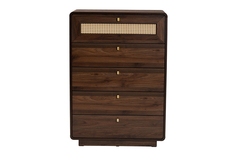 Onika Classic Walnut Brown Wood 5-Drawer Chest w/Rattan Drawer Baxton