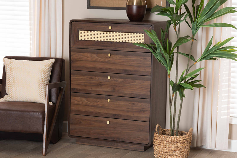 Onika Classic Walnut Brown Wood 5-Drawer Chest w/Rattan Drawer