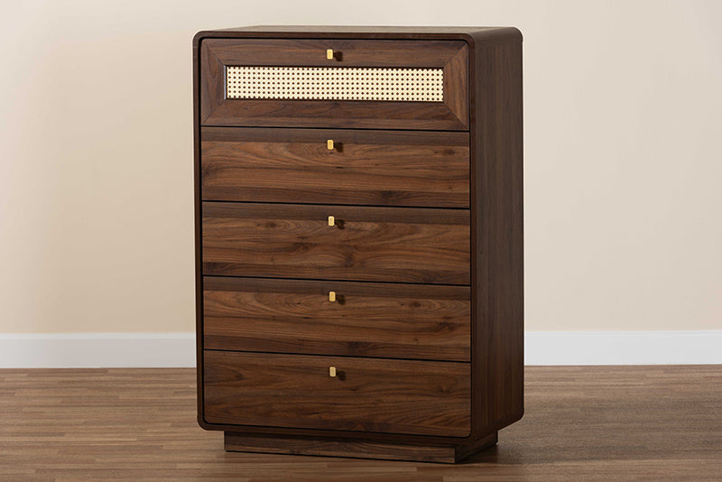 Onika Classic Walnut Brown Wood 5-Drawer Chest w/Rattan Drawer
