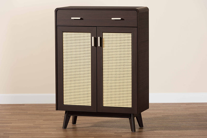 Freya Mid-Century Modern Espresso Brown Wood 2-Door Shoe Cabinet w/Rattan Door