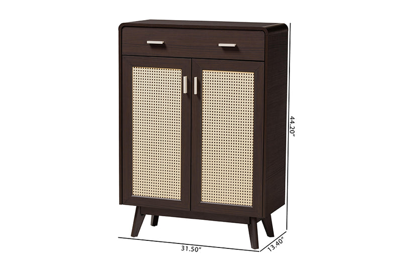 Freya Mid-Century Modern Espresso Brown Wood 2-Door Shoe Cabinet w/Rattan Door