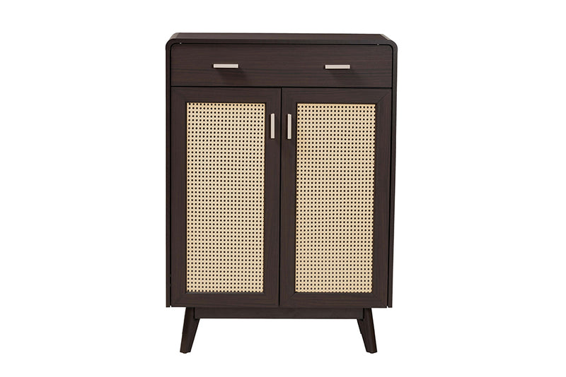 Freya Mid-Century Modern Espresso Brown Wood 2-Door Shoe Cabinet w/Rattan Door