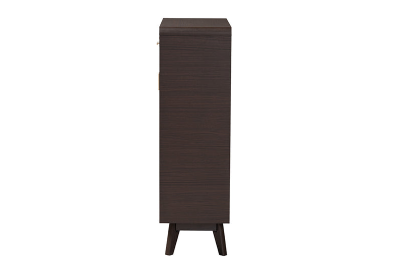 Freya Mid-Century Modern Espresso Brown Wood 2-Door Shoe Cabinet w/Rattan Door