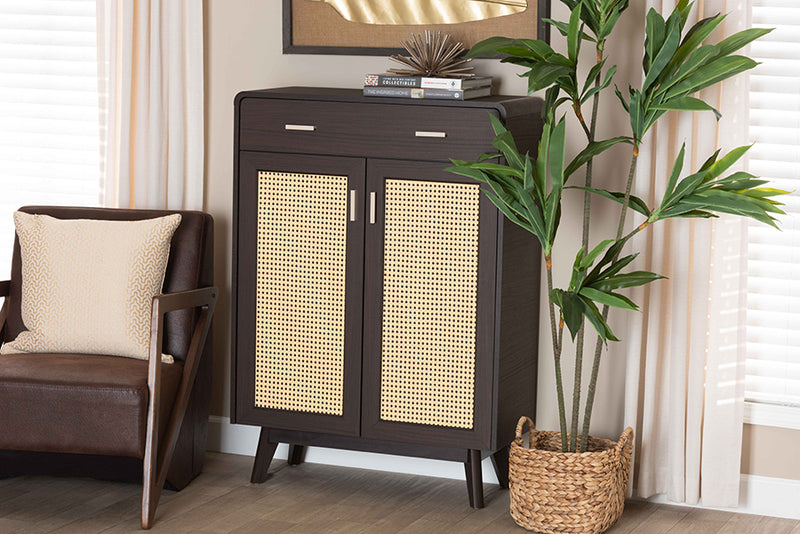 Freya Mid-Century Modern Espresso Brown Wood 2-Door Shoe Cabinet w/Rattan Door