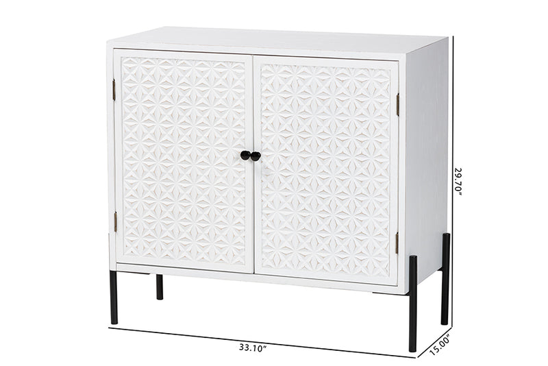 Glenda Mid-Century White Finished Wood and Black Metal 2-Door Storage Cabinet