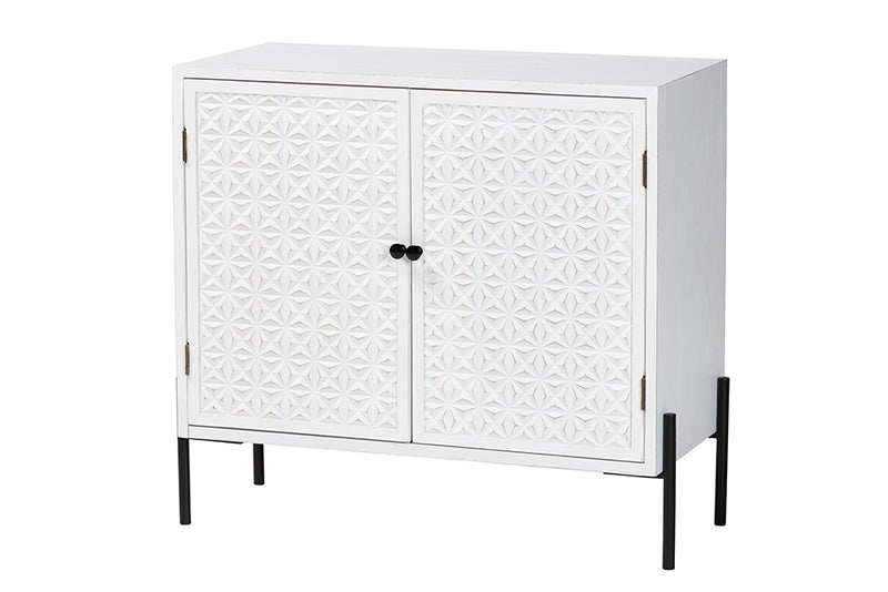 Glenda Mid-Century White Finished Wood and Black Metal 2-Door Storage Cabinet