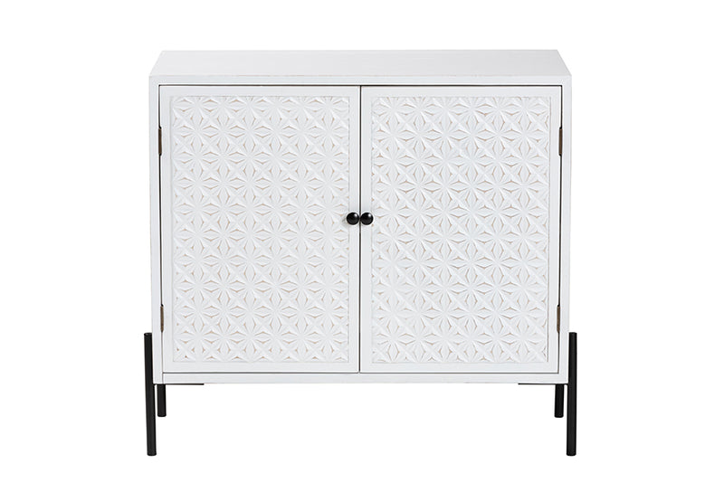 Glenda Mid-Century White Finished Wood and Black Metal 2-Door Storage Cabinet