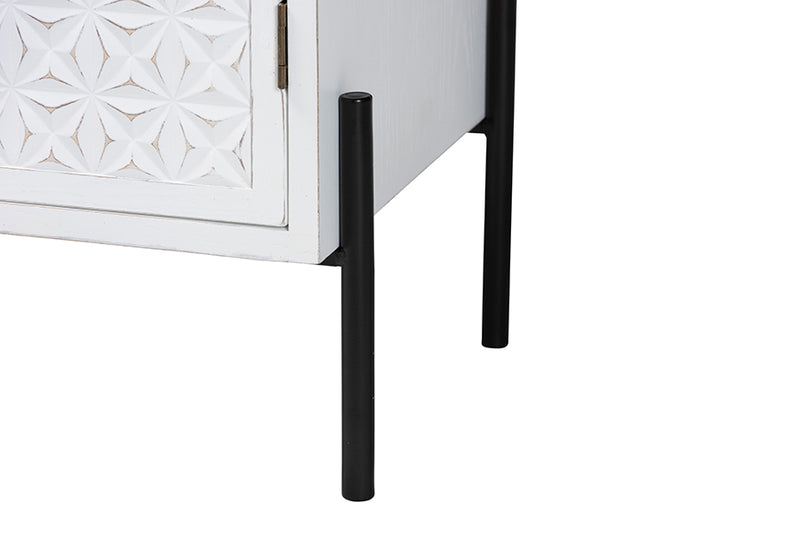 Glenda Mid-Century White Finished Wood and Black Metal 2-Door Storage Cabinet