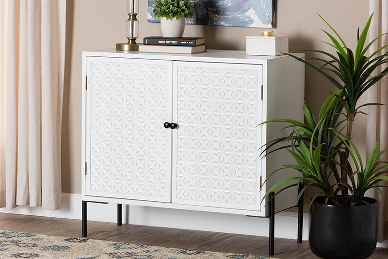 Glenda Mid-Century White Finished Wood and Black Metal 2-Door Storage Cabinet