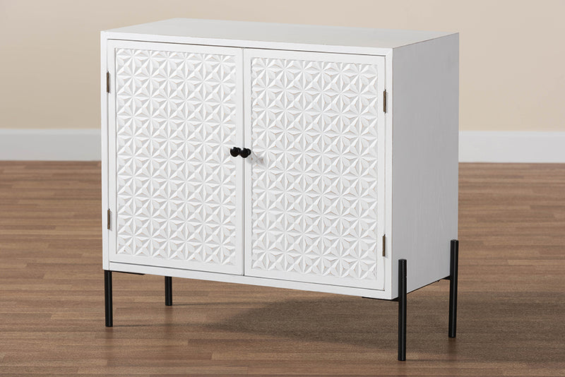 Glenda Mid-Century White Finished Wood and Black Metal 2-Door Storage Cabinet