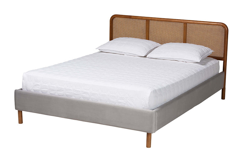 Alke Light Gray Velvet Fabric and Walnut Brown Queen Size Platform Bed Baxton