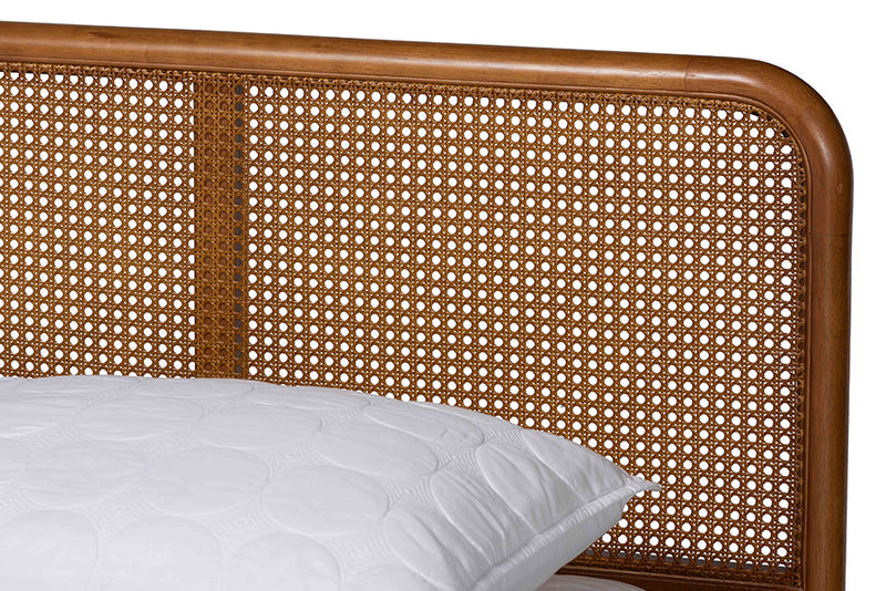 Alke Light Gray Velvet Fabric and Walnut Brown Queen Size Platform Bed Baxton