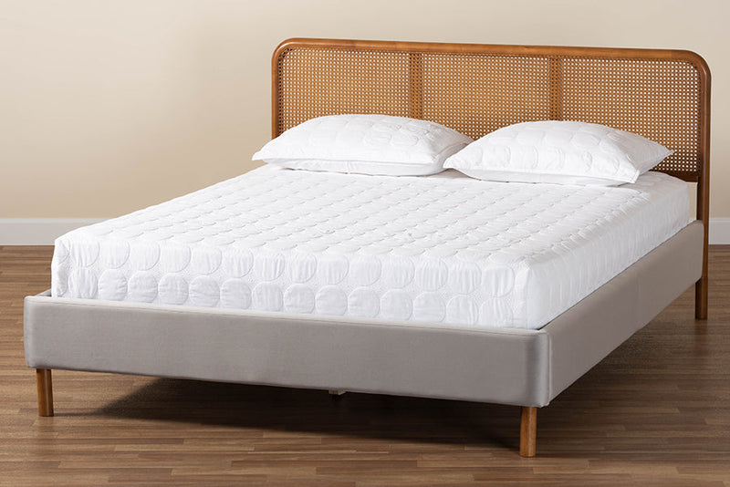 Alke Light Gray Velvet Fabric and Walnut Brown Queen Size Platform Bed Baxton