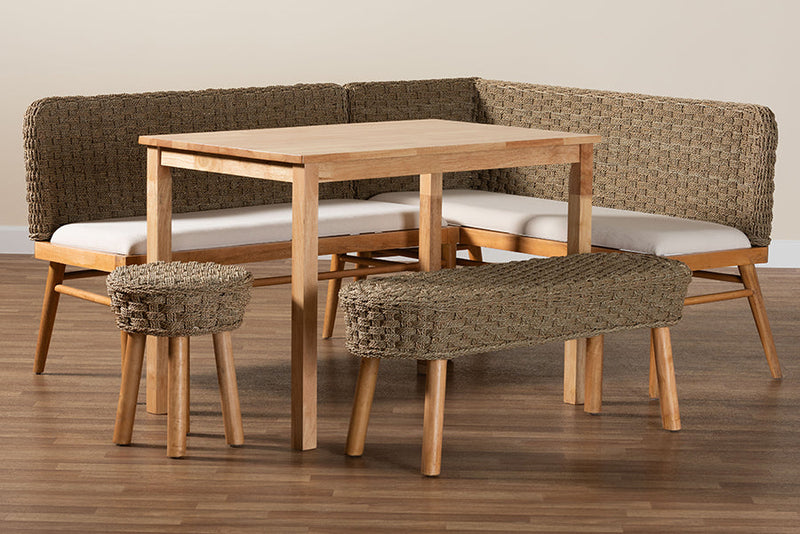 Euclid Natural Seagrass and Acacia Wood 5-Piece Dining Nook Set Baxton