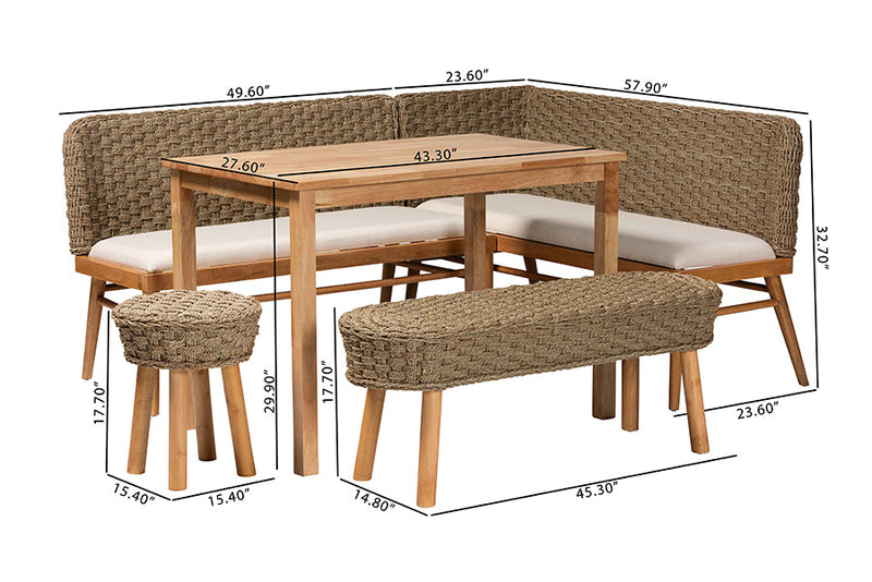 Euclid Natural Seagrass and Acacia Wood 5-Piece Dining Nook Set Baxton