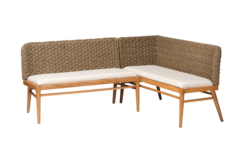 Euclid Modern Bohemian Natural Seagrass and Acacia Wood 2-Piece Dining Nook Banquette Set