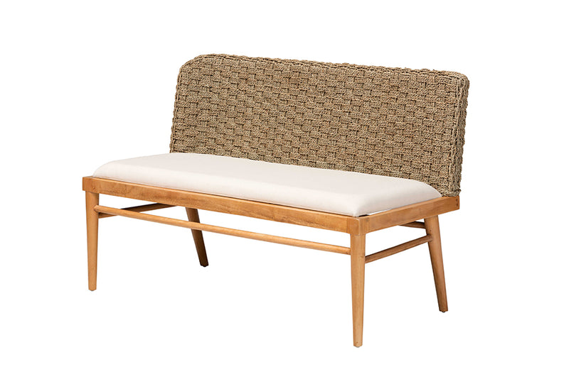 Euclid Modern Bohemian Natural Seagrass and Acacia Wood 2-Piece Dining Nook Banquette Set