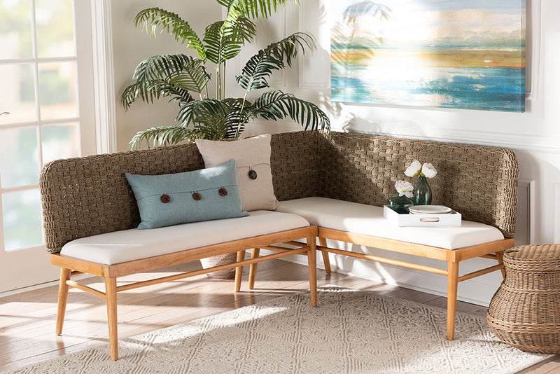Euclid Natural Seagrass and Acacia Wood 2Pc Dining Nook Banquette Set Baxton